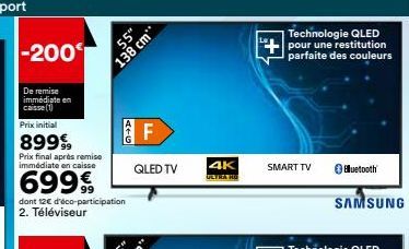 -SS  138 cm"  4+0  F  QLED TV  4K  ULTRA HO  Technologie QLED pour une restitution parfaite des couleurs  Bluetooth  SAMSUNG  SMART TV