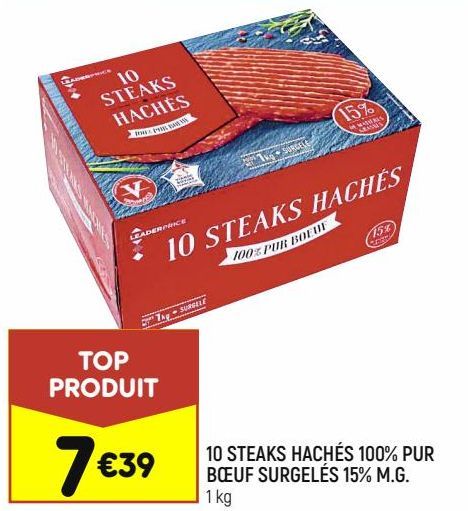 10 steaks hachés 100% pur boeuf surgelés 15% M.G.