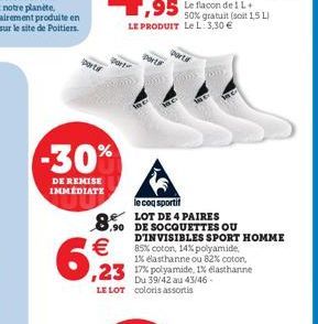 ports  -30%  DE REMISE IMMEDIATE  8  6,923  le coq sportif  LOT DE 4 PAIRES ,90 DE SOCQUETTES OU