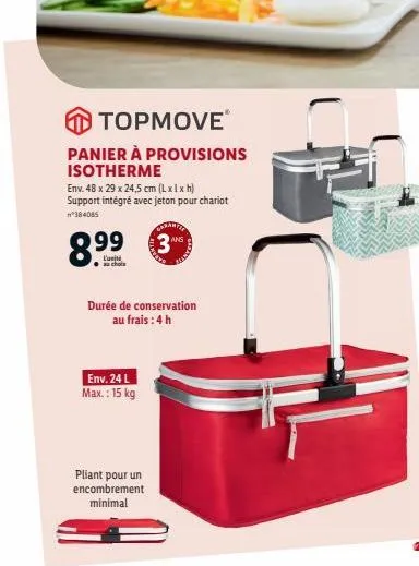 topmove?  panier à provisions isotherme  env. 48 x 29 x 24,5 cm (lxlxh) support intégré avec jeton pour chariot "384085  ang  8.9?9  3  l'unità chois  durée de conservation  au frais : 4 h  env. 24 l