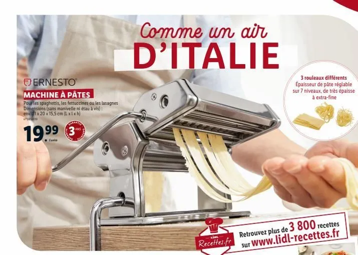 ernesto machine à pâtes  pour les spaghettis, les fettuccines ou les lasagnes dimensions (sans manivelle ni étau à vis): envi21 x 20 x 15,5 cm (lxlxh) *35839  ans  19.99 3  comme un air  d'italie  li