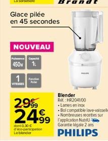 Blender Rel. HR2041/00 .Lames en inox   Bol compatible lave-vaisselle Nombreuses recettes sur  Garantie légale 2 ans  PHILIPS