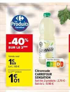 B Produits  Carrefour  -40%  SUR LE 2 ME  Vondu seul  Le L: 113   Le 2 produit    Caronnade  NUTRI-SCORE  ABCDE  Citronnade CARREFOUR SENSATION  Soit les 2 produits : 2,70 . Soit le L: 0,90 