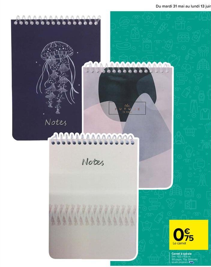 Notes  m  Notes  www  the FUTURE is now  60  CO  60   75  Le carnet  Carnet à spirale  Dm: 105x14.8 cm  100 pages, 70g. Differents  visuels proposés