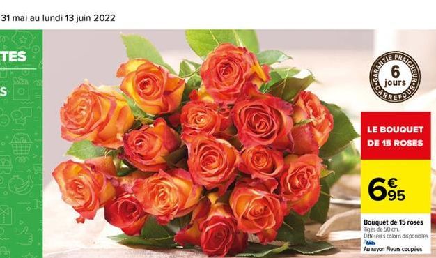 L  ARANTIE  FRAICH  jours  URCHAOF  LE BOUQUET DE 15 ROSES  95  Bouquet de 15 roses Tiges de 50 cm,  Différents coloris disponibles. Au rayon Fleurs coupées