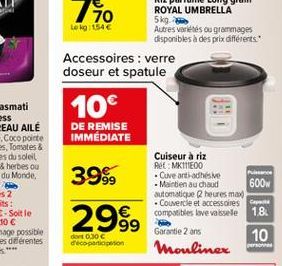 Cuiseur à riz Ret: MKITEOO  Cuve anti-adhésive - Maintien au chaud  automatique 2 heures max -Couvercle et accessoires compatibles lave vaisselle Garantie 2 ans  Mouliner  Puissance  600  1.8  10  per