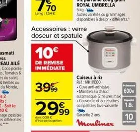 cuiseur à riz ret: mkiteoo  cuve anti-adhésive - maintien au chaud  automatique 2 heures max -couvercle et accessoires compatibles lave vaisselle garantie 2 ans  mouliner  puissance  600  1.8  10  per