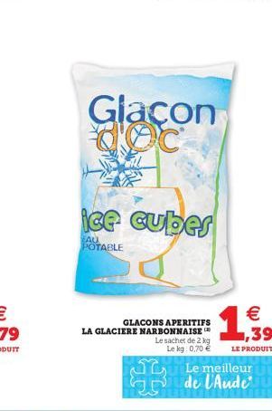 Glacon OC  ice cubes  EAU POTABLE  GLACONS APERITIFS LA GLACIERE NARBONNAISE  Le sachet de 2 kg Le kg: 0,70   Le meilleur