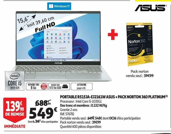 portable r515ja-ej2161w asus + pack norton 360 platinum