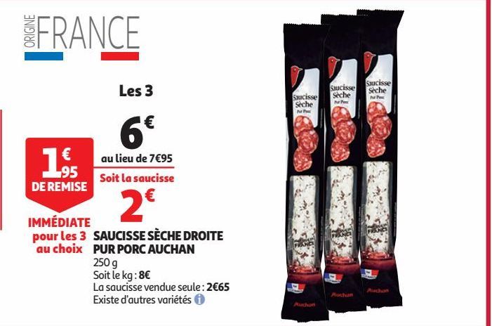 SAUCISSE SÈCHE DROITE PUR PORC AUCHAN