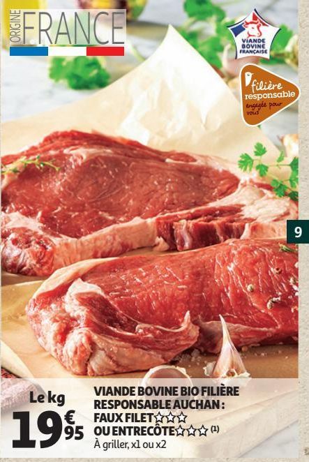 VIANDE BOVINE BIO FILIÈRE RESPONSABLE AUCHAN : FAUX FILET OU ENTRECÔTE