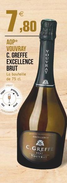 AOP* VOUVRAY C. GREFFE EXCELLENCE BRUT  La bouteille  de 75 cl.  FRUIT  prononce  sec  doux  PERSONNALITE  VOUVRAY  *****