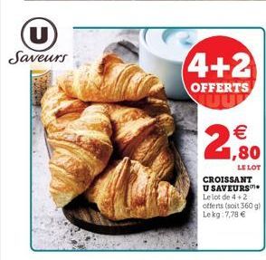 U Saveurs   1,80  LE LOT  CROISSANT U SAVEURS Le lot de 4+2 offerts (soit 360 g) Lekg:7,78 