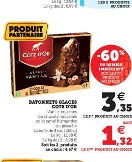 PRODUIT PARTENAIRE  CÔTE D'OR  -GLACE VANILLE  CHOCOLAT O & NOISETTES