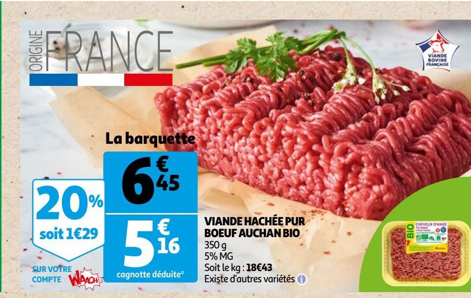 VIANDE HACHÉE PUR BOEUF AUCHAN BIO