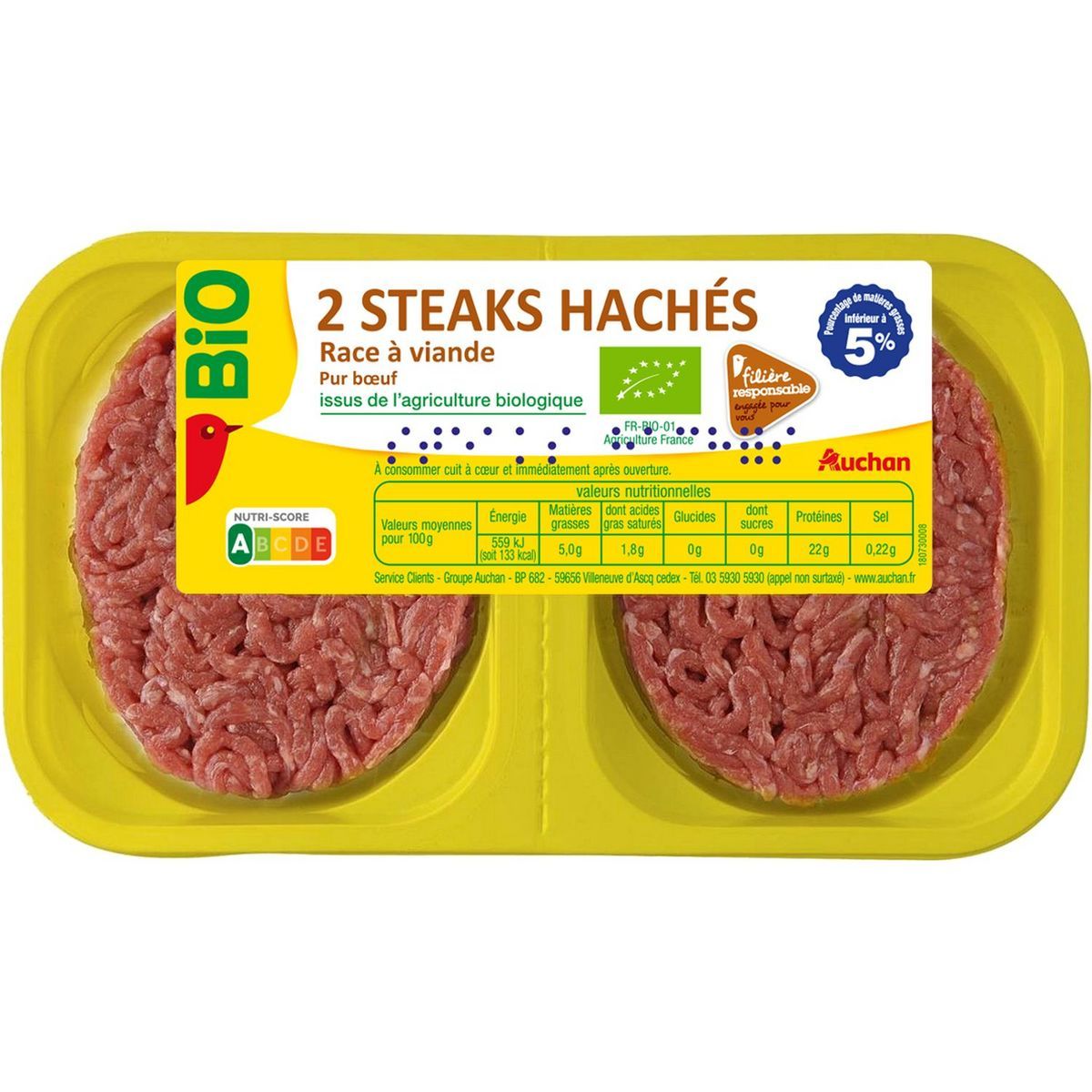 2 STEAKS HACHÉS PUR BOEUF AUCHAN BIO