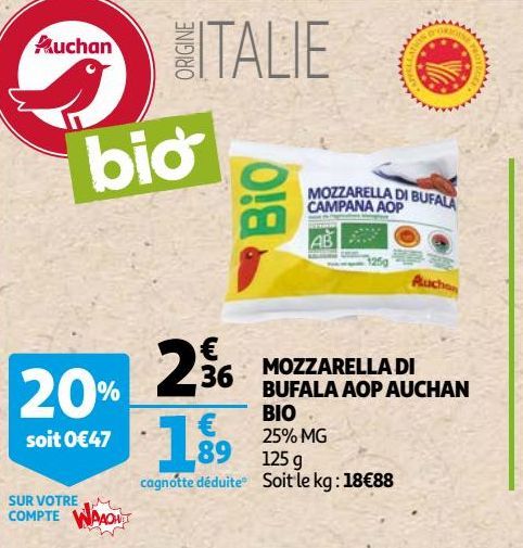 MOZZARELLA DI BUFALA AOP AUCHAN BIO