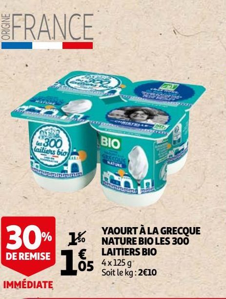 YAOURT À LA GRECQUE NATURE BIO LES 300 LAITIERS BIO