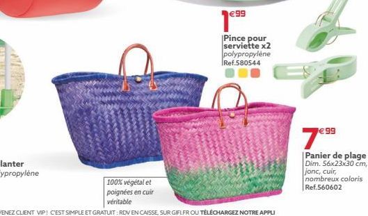 99  Panier de plage Dim. 56x23x30 cm, jonc, cuir, nombreux coloris Ref.560602