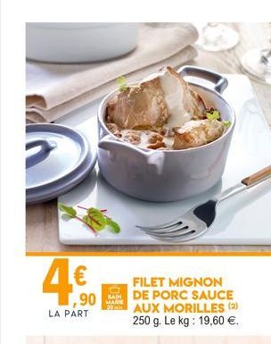 ,90  BAIN  MARE  FILET MIGNON DE PORC SAUCE AUX MORILLES (2) 250 g. Le kg: 19,60 .