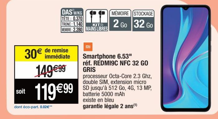 Smartphone 6.53" réf.REDMI9C NFC 32 GO GRIS