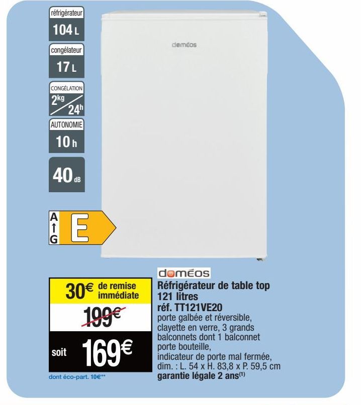 Doméos Réfrigérateur de table top 121 litres réf.TT121VE20
