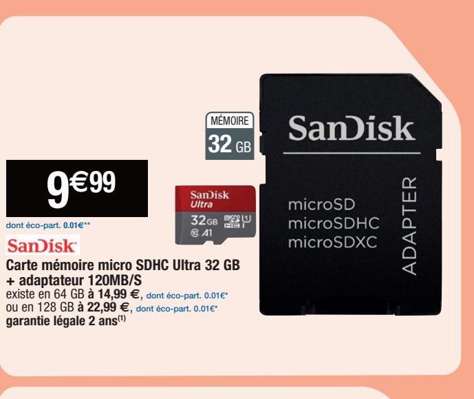 SanDisk Carte mémoire micro SDHC Ultra 32 GB + adaptateur 120MB/S