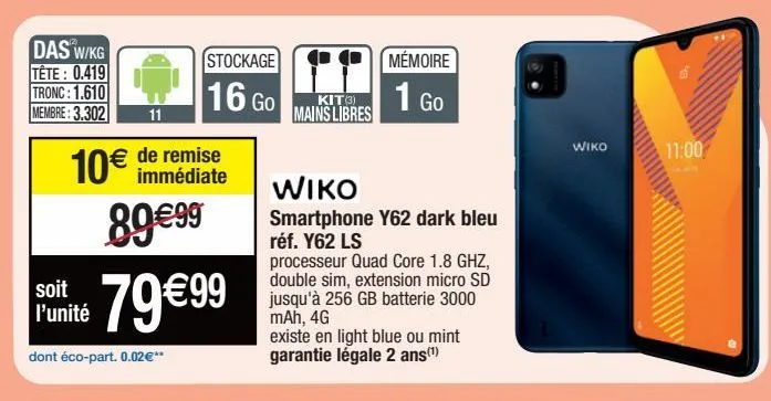 wiko smartphone y62 dark bleu réf.y62 ls