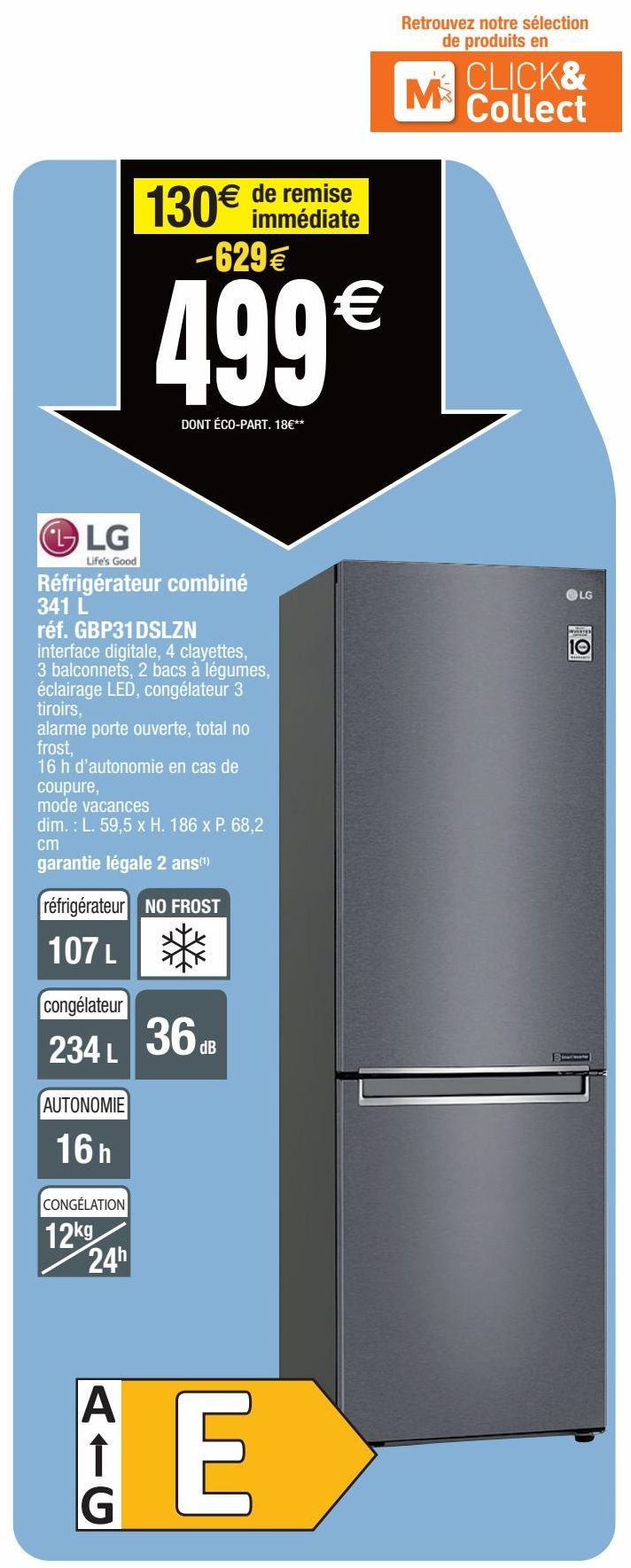 LG Réfrigérateur combiné 341L réf.GBP31DSLZN