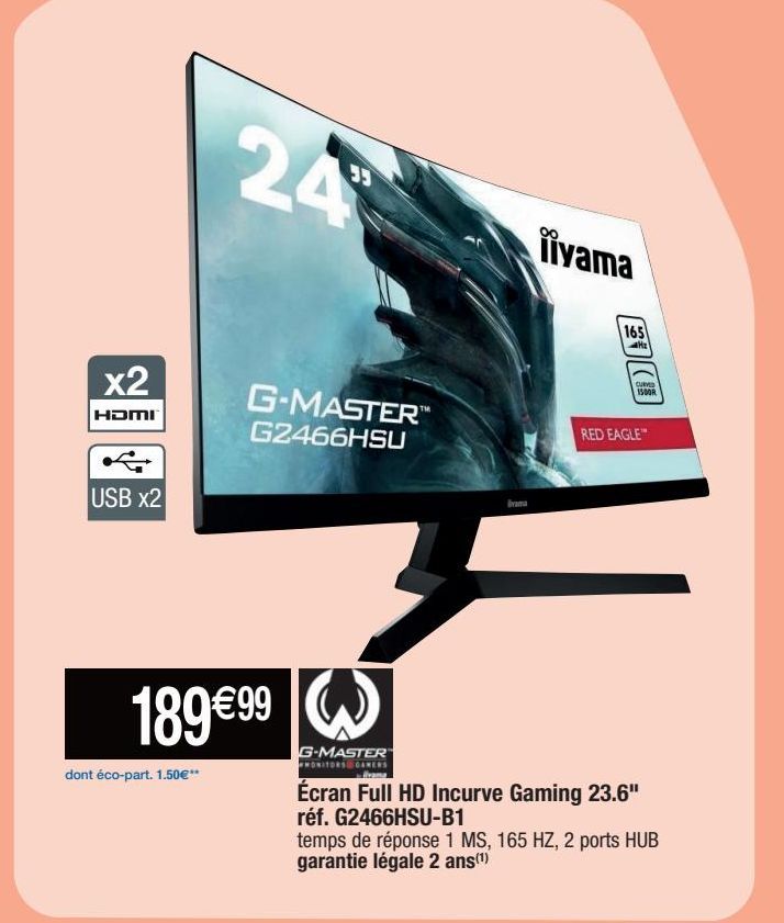Ecran Full HD Incurve Gaming 23.6" réf.G2466HSU-B1