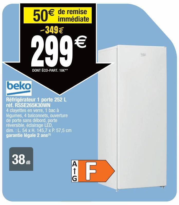 Beko Réfrigérateur 1 porte 252L réf.RSSE265K30WN