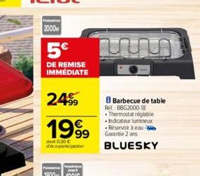 Barbecue de table Re: BBG2000-18 Thermostat réglable Indicateur lumineux Réservoir à eau Garantie 2 ans  BLUESKY