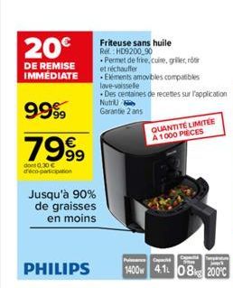 Friteuse sans huile Ref: HD9200 90  .Permet de frire, cuire, griller, rör et réchauffer  Eléments amovibles compatibles lave-vaisselle  Des centaines de recettes sur l'application Nutri Garantie 2 ans