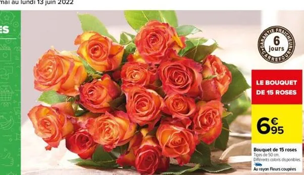 1505  rantie  aicheur  jours  fouronn  le bouquet de 15 roses  695  bouquet de 15 roses tiges de 50 cm. différents coloris disponibles.  au rayon fleurs coupées