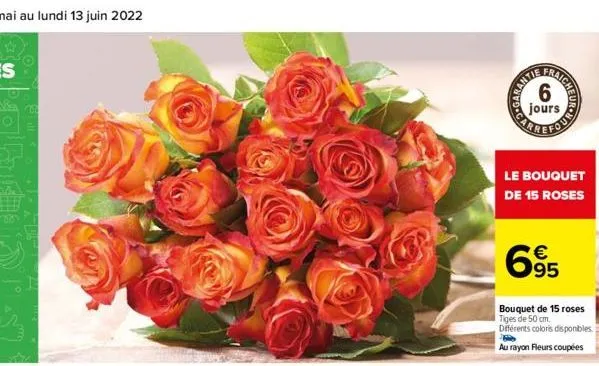rantie  aicheur  jours  fouronn  le bouquet de 15 roses  695  bouquet de 15 roses tiges de 50 cm. différents coloris disponibles. au rayon fleurs coupées