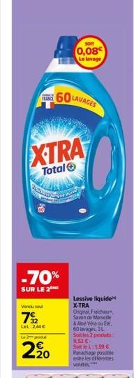 F  60 LAVAGES  FRANCE  XTRA  Total  SOIT  0,08 Le lavage  -70%  SUR LE 2  Vendu se  72  LeL 244   Le 2  2.20