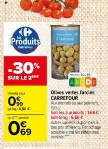 Produits  Carrefour  -30%  SUR LE 2 ME  Vendu seul  099  Le kg: 6,60   Le 2 podut  069  Thomsaigflase  ATAnchos