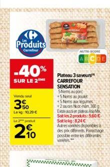 Produits  Carrefour  -40%  SUR LE 2 ME  Vendu seul  3%  Lekg: 10,29   Le 2 produit  210  NUTRE-SCORE  Plateau 3 saveurs CARREFOUR SENSATION 5Nems au porc +5 Nems au poulet  5 Nems aux légumes +2 sauc