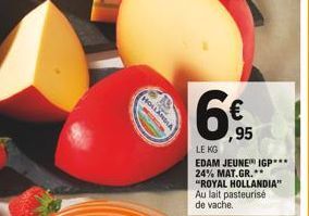 HOLLANDIA  ,95  LE KG  EDAM JEUNE? IGP*** 24% MAT.GR.** "ROYAL HOLLANDIA" Au lait pasteurisé de vache.