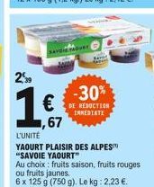 25  -30%  DE RÉDUCTION  IMMEDIATE  1,67  L'UNITÉ  YAOURT PLAISIR DES ALPES "SAVOIE YAOURT"  Au choix: fruits saison, fruits rouges ou fruits jaunes.  6 x 125 g (750 g). Le kg: 2,23 .