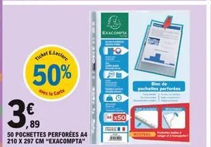 ae.leclere  ticker  50%  avec la carte  3.90  50 pochettes perforées a4 210 x 297 cm "exacompta"  exacompta  x50  bloc de pochettes perforées