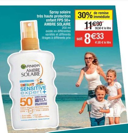 Spray solaire  très haute protection  enfant FPS 50+ AMBRE SOLAIRE  200 ml  existe en différentes variétés et différents  itrages à différents prix soit  ARNIER  AMBRE SOLAIRE  MAMUE COMPARE  ENFANT S