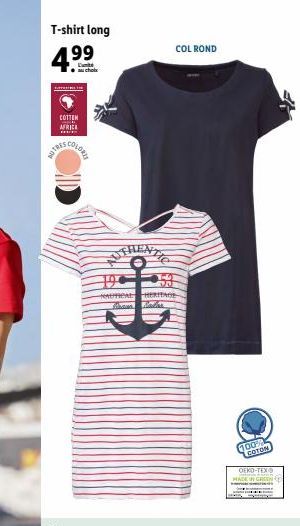 T-shirt long  199  COTTEN AFRICA ww  COL ROND  ROY  152  20  NAUTICAL HERITAGE Areva Fad  100% COTON  OEKO-TEX  MADE IN GROO