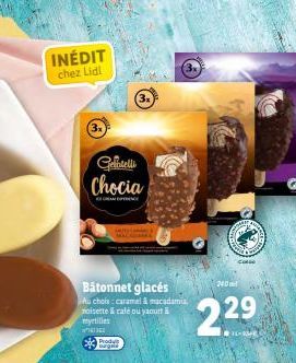 INÉDIT  chez Lidl  Genelli Chocia  any www.  Bâtonnet glacés  Au choix : caramel & macadamia noisette & cale ou yaourt & myrtilles  Produc  CORSE  240ml  229  June  Shpet