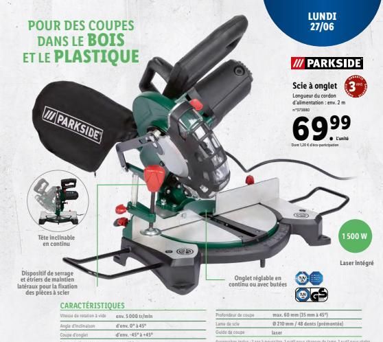 POUR DES COUPES DANS LE BOIS ET LE PLASTIQUE  III PARKSIDE  Tête inclinable en continu  Dispositif de serrage et étriers de maintien latéraux pour la fixation des pièces à scler  CARACTÉRISTIQUES  Ang