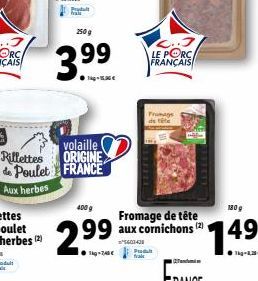 Riflettes de Poulet Aux herbes  2509  3.9?9  kg-15.30  volaille ORIGINE FRANCE  400 g  2.?9