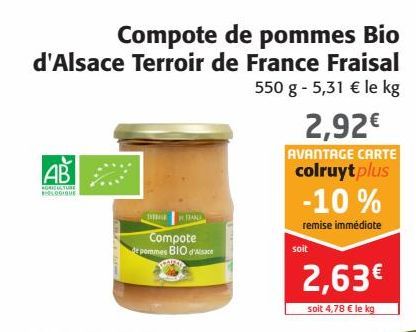 Compote de pommes Bio d'Alsace Terroir de France Fraisal