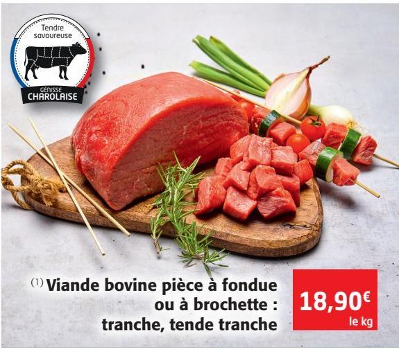 Viande bovine pièce à fondue ou à brochette tranche tendre trance