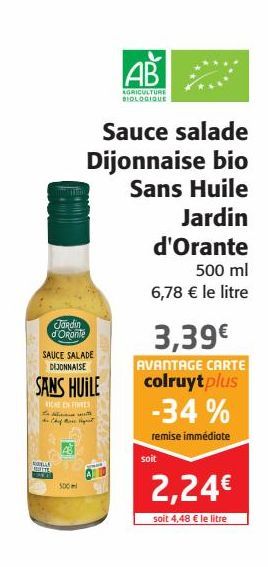 Sauce salade Dijonnaise bio sans Huile jardin d'Orante