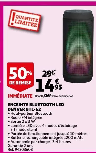 enceintes bluetooth led denver btl-62